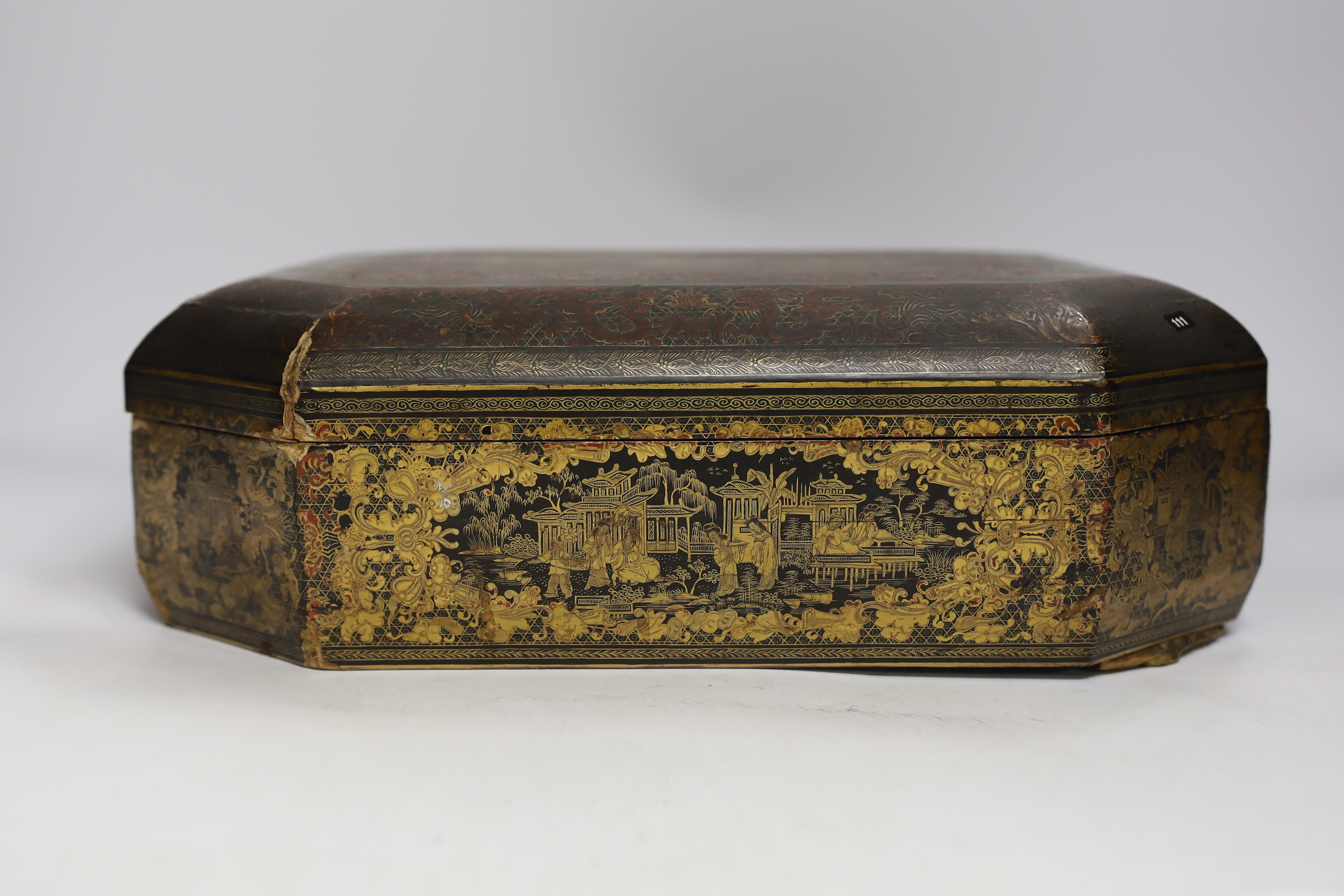 A mid 19th century Chinese gilt-decorated black lacquer games box containing mother-of-pearl - Image 2 of 5