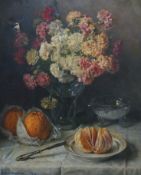 English School, oil on canvas, Still life of flowers and fruit, indistinctly signed and dated