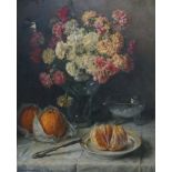 English School, oil on canvas, Still life of flowers and fruit, indistinctly signed and dated