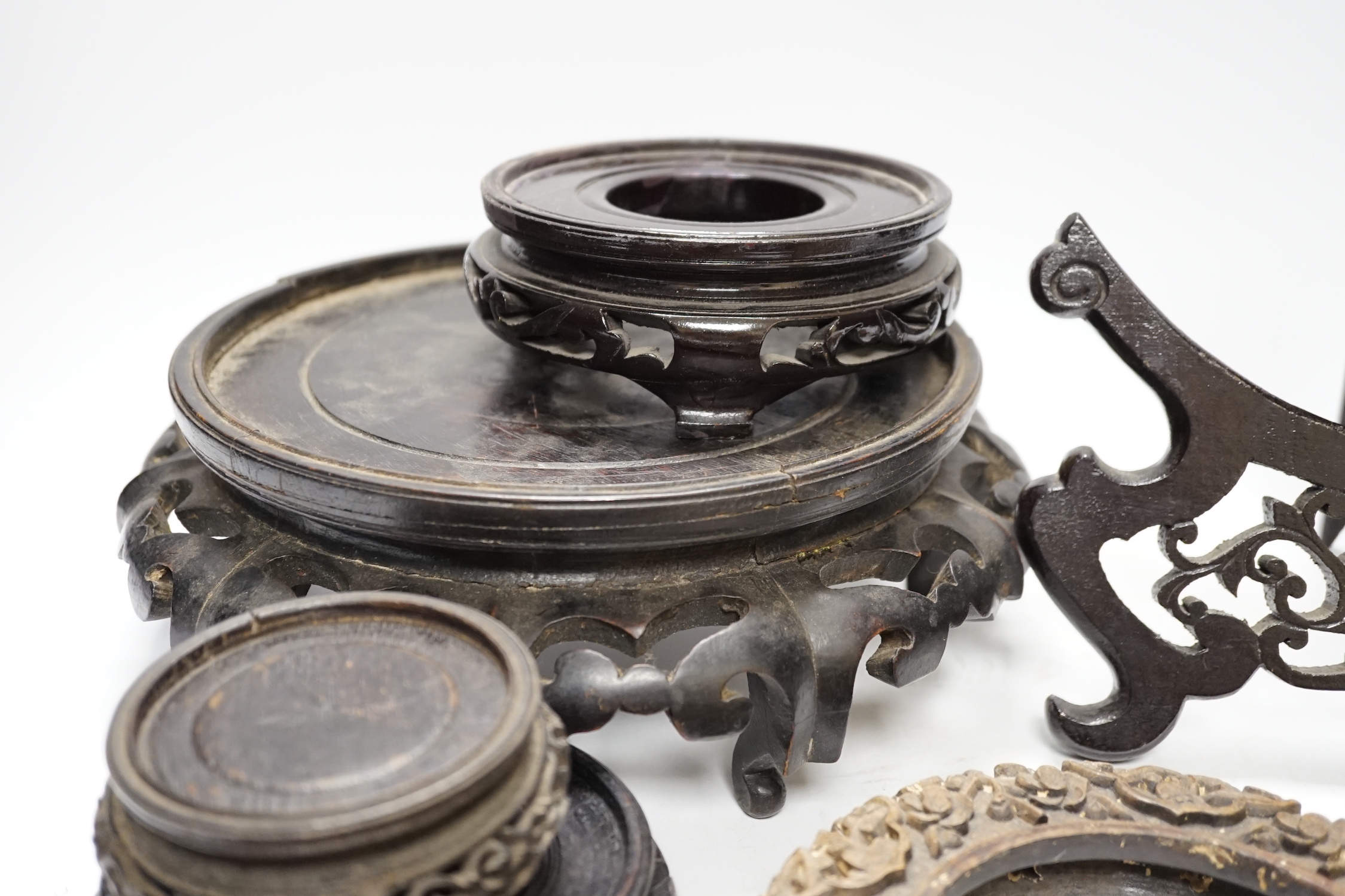 Assorted Chinese wooden and metal stands, largest 25cm in diameter - Image 6 of 7