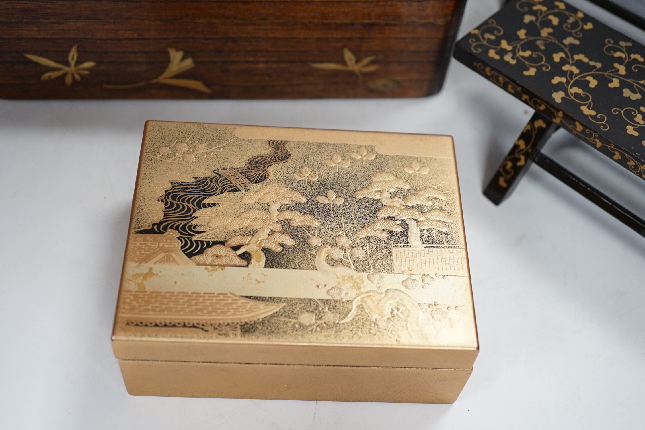 A group of Japanese lacquer wares, comprising pair of miniature benches and two boxes, Meiji - Image 2 of 6