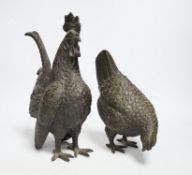 A pair of modern bronze models of a cockerel and chicken, largest 29cm high