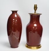 Two Chinese sang-de-boeuf vases, one mounted as a lamp, tallest 40cm total