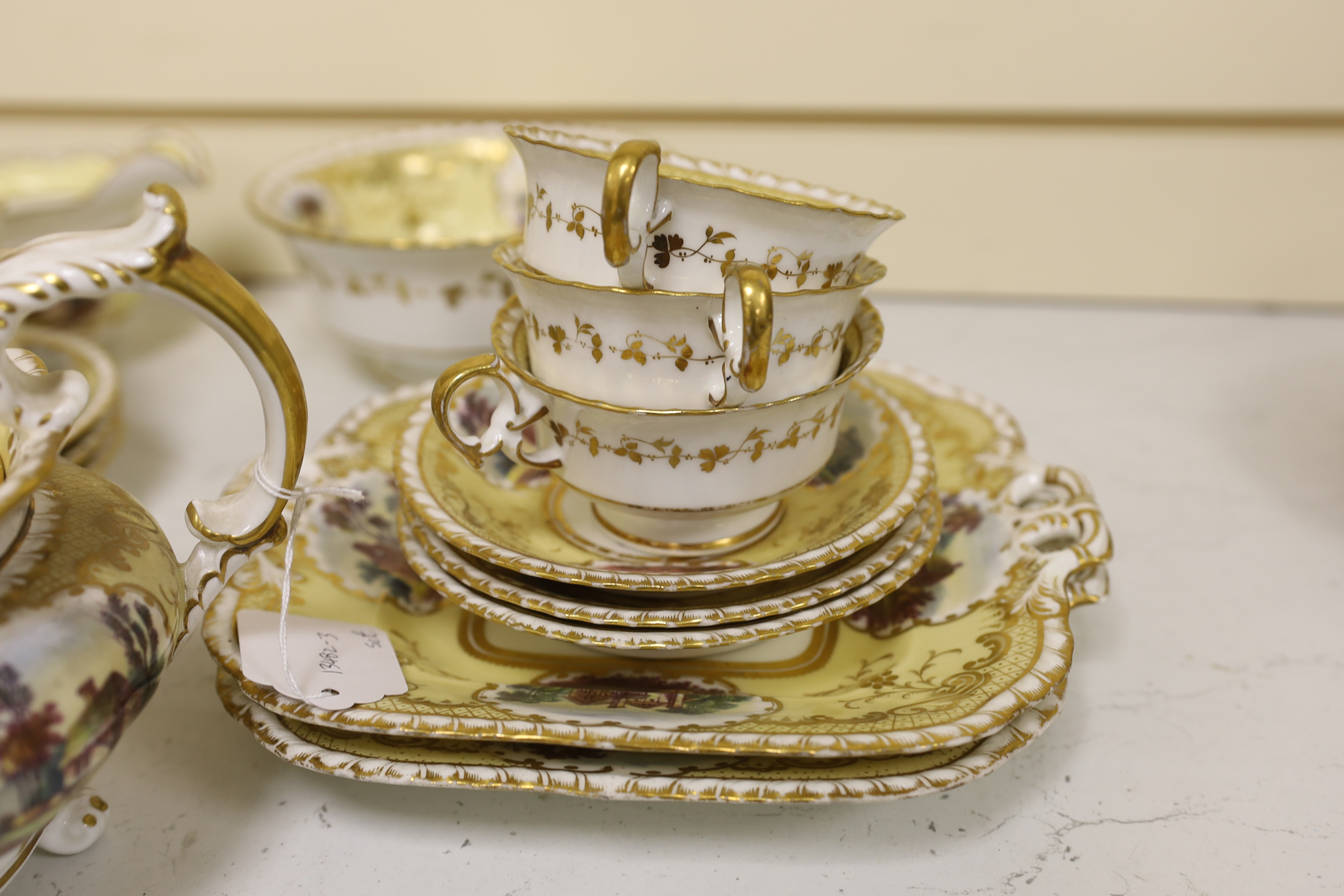 An English porcelain tea set, c.1835-45, including a teapot and cover, sucrier and cover, slops - Image 4 of 6