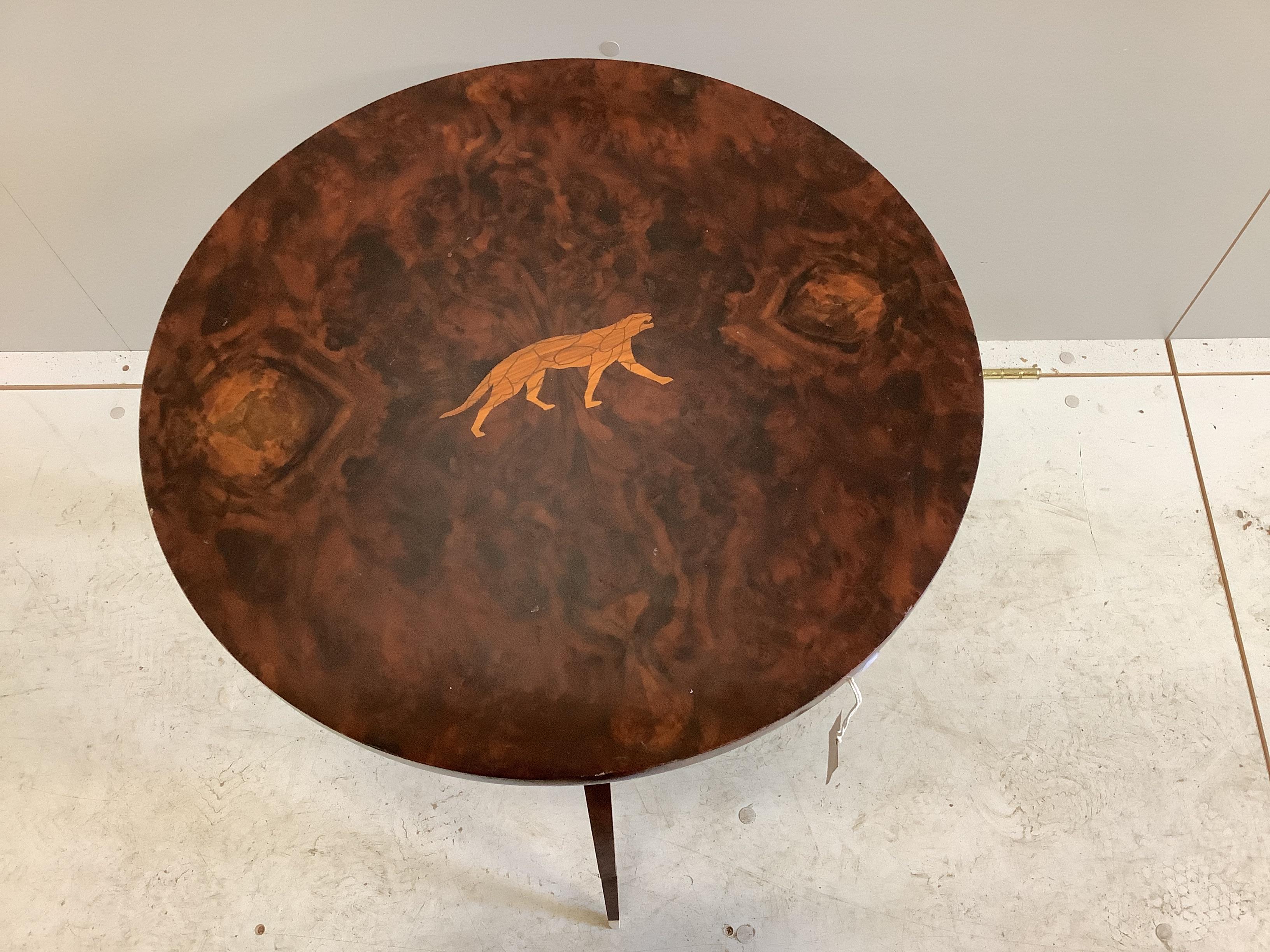 An inlaid burr walnut circular occasional table in the manner of Rhullman, diameter 52cm, height - Image 2 of 2