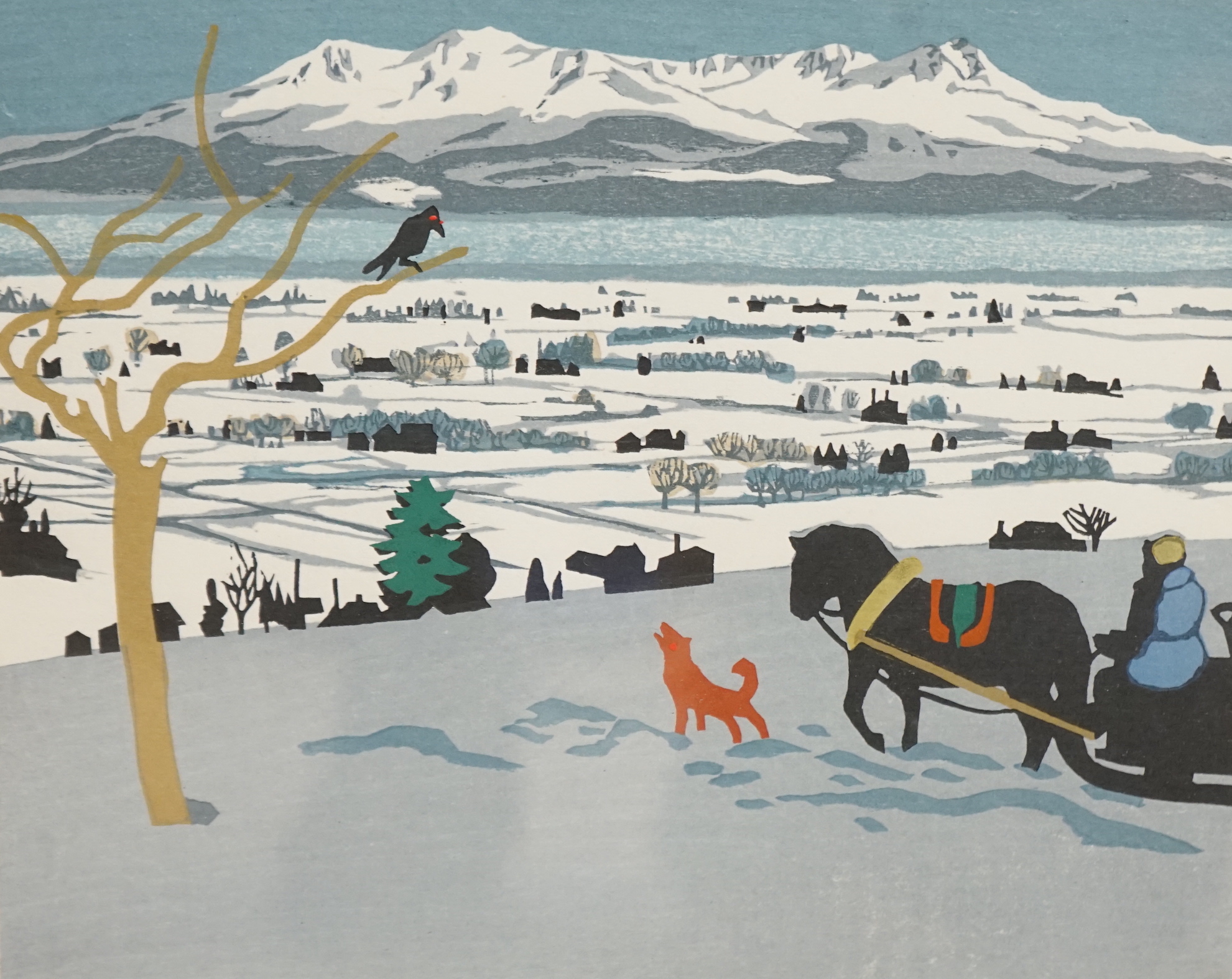 Fumio Kitaoka (1918-2007) Japanese woodblock print, ‘Winter landscape’, signed and dated 1964 in