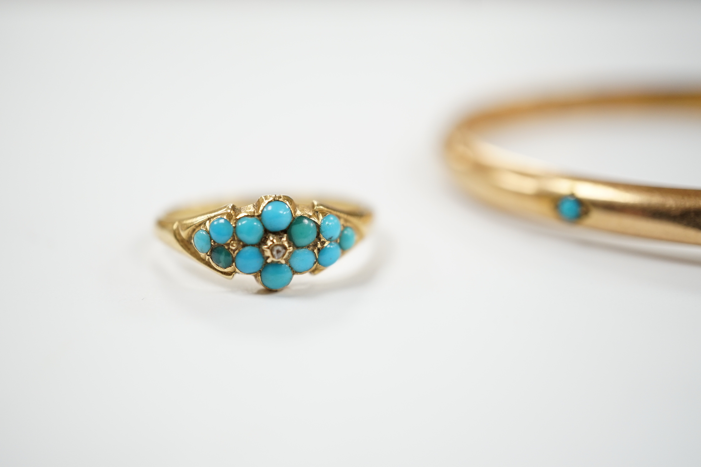 A Victorian yellow metal and three stone cabochon turquoise set hinged bangle, together with a - Image 2 of 5