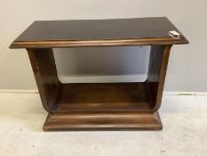 An Art Deco style rectangular walnut and beech two tier console table, width 100cm, depth 41cm,