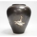 A Japanese white metal overlaid bronze vase, Meiji period, 21cm