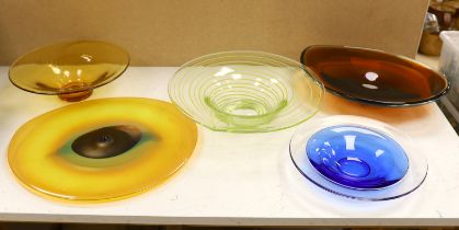 Five large studio coloured glass dishes, largest 42cm