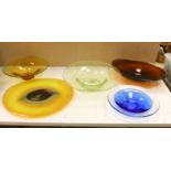 Five large studio coloured glass dishes, largest 42cm