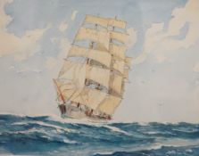 J H Powell (20th. C) heightened watercolour, Ship at sea, signed, 27 x 35cm
