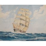 J H Powell (20th. C) heightened watercolour, Ship at sea, signed, 27 x 35cm