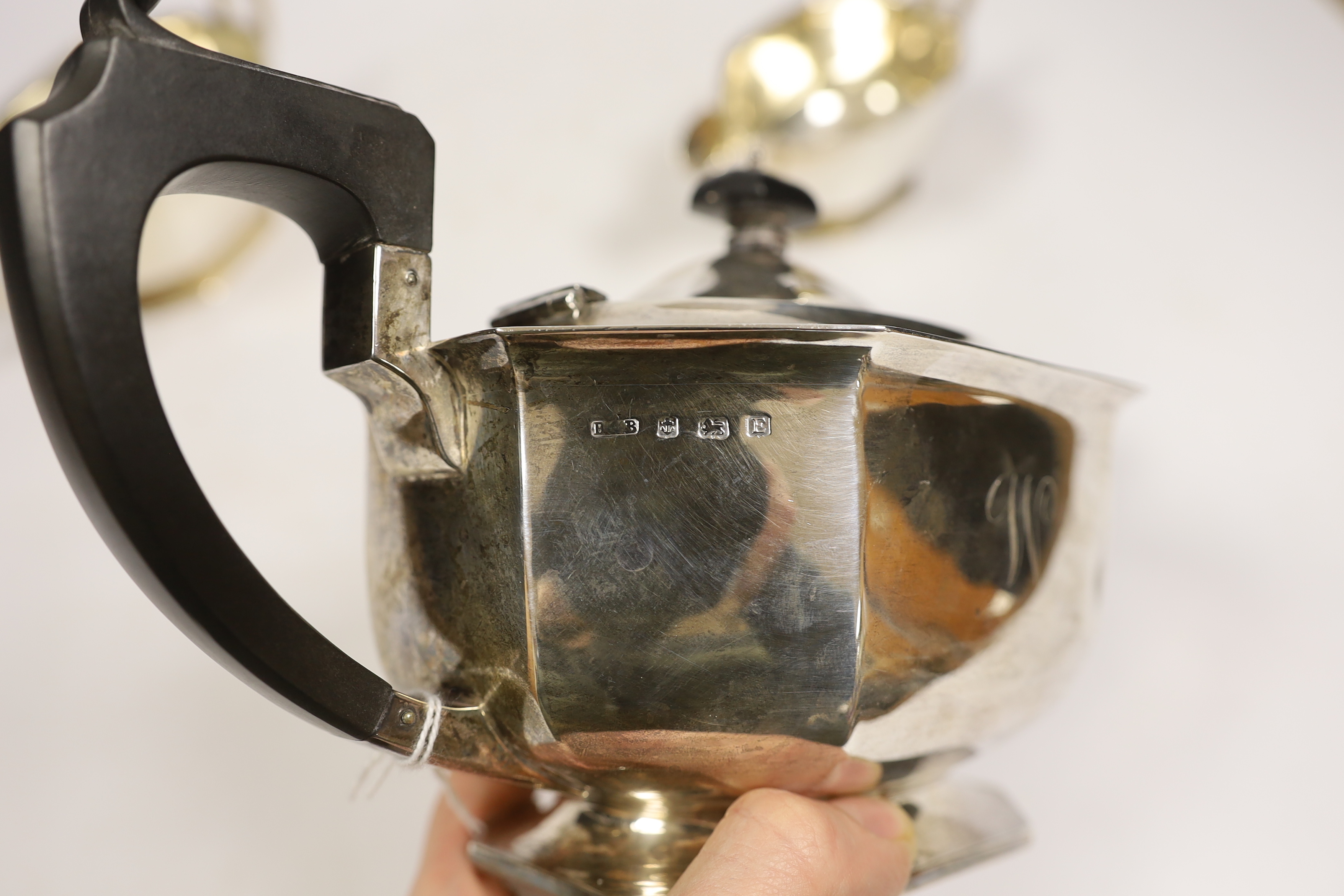 A George V silver three piece tea set, Docker & Burn Ltd, Birmingham, 1929, gross weight 32.1oz. - Image 3 of 3