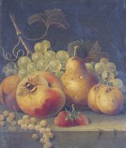 Louis Baraud (19th. C) oil on board, Still life of a bee and fruit, signed and dated 1867, 26 x