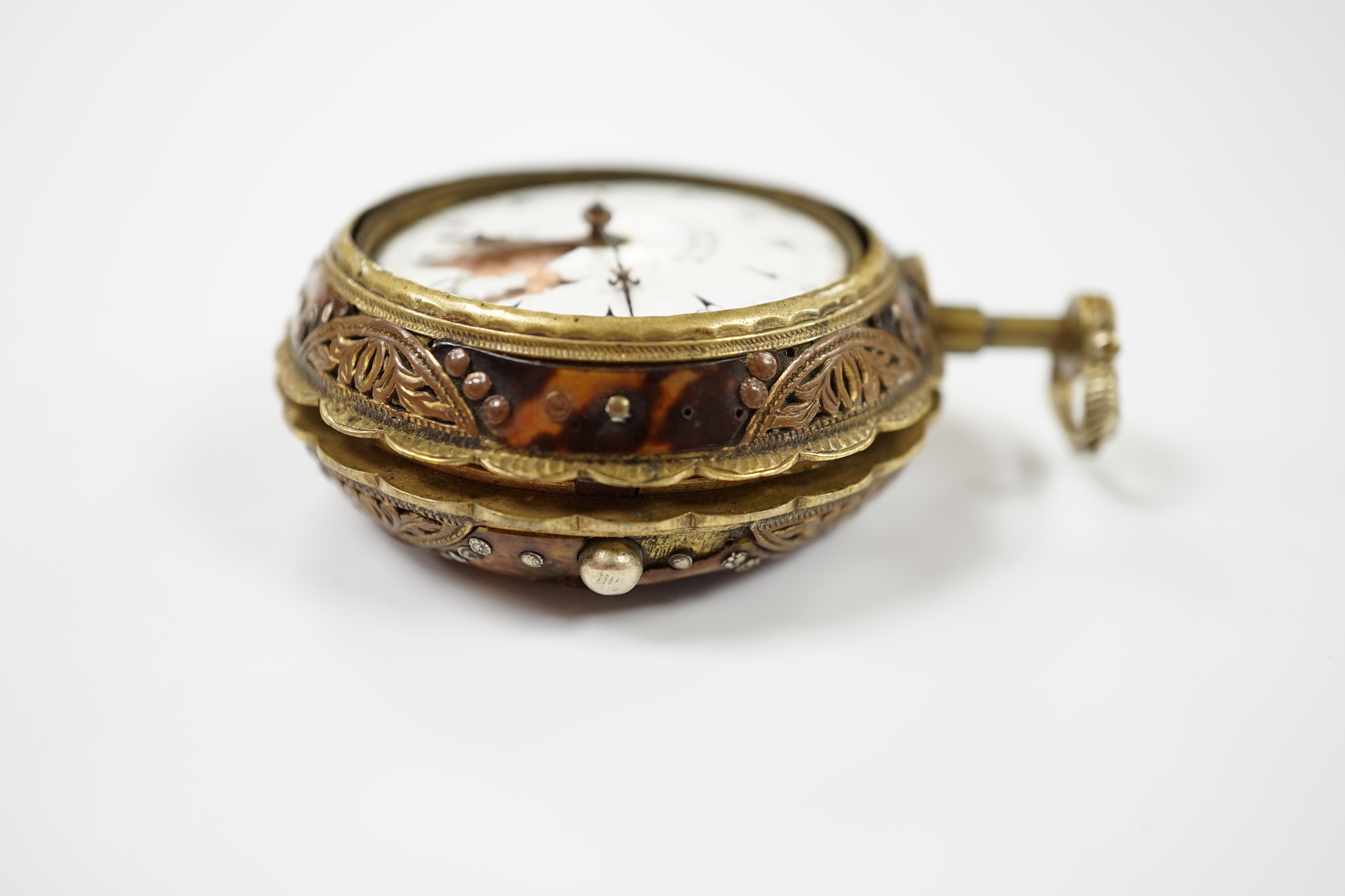 A late 18th century gilt metal and painted tortoiseshell mounted pair cased repeating pocket - Image 4 of 5