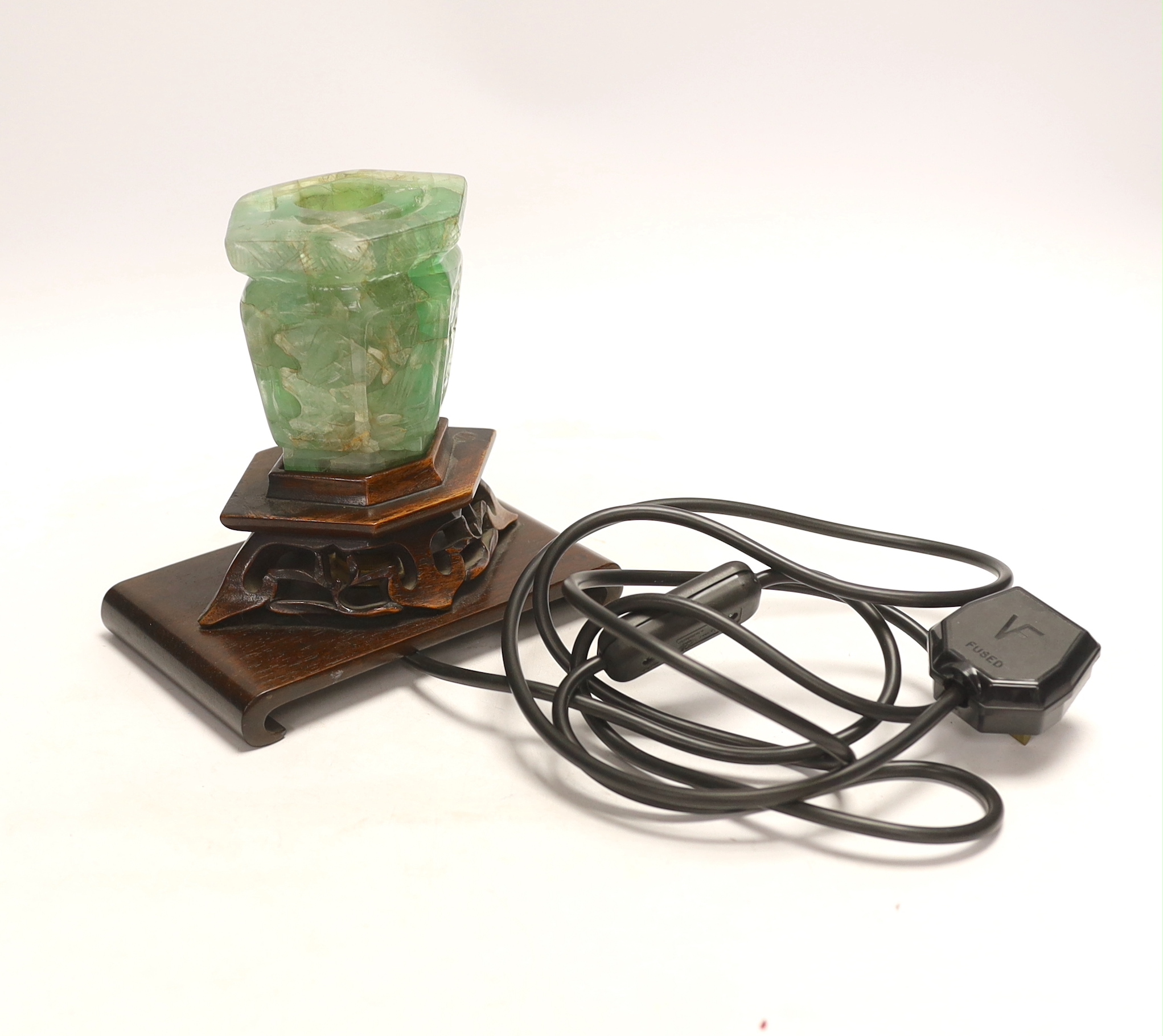 A Chinese green quartz and carved hardwood table lamp, - Image 2 of 2