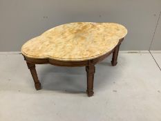 A reproduction Richardsons of Highgate marble top low table of shaped oval form, width 92cm, depth