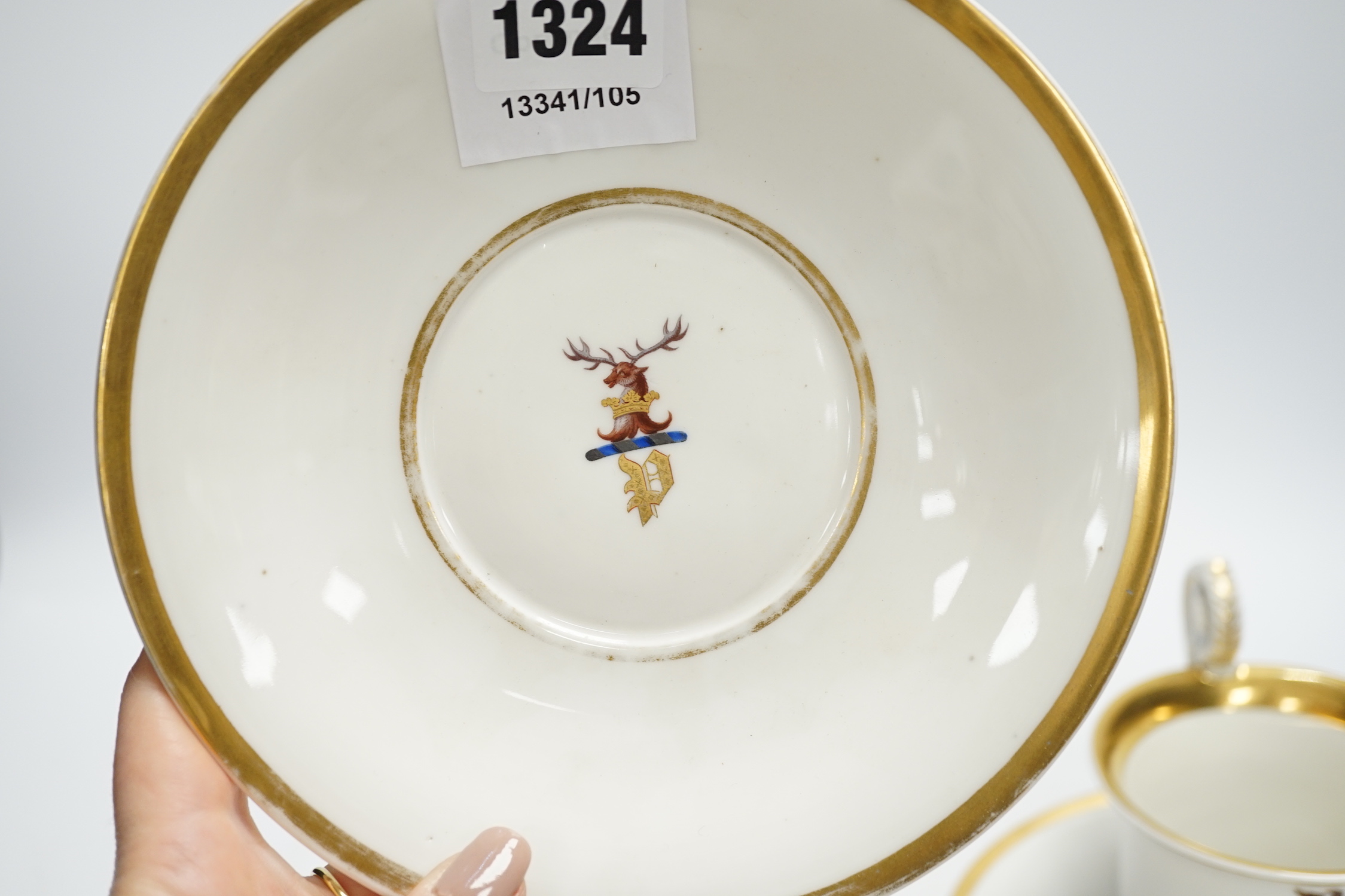 A pair of German porcelain armorial cups and saucers, one saucer reads ‘Lord Bingham s/m Y. - Image 6 of 9