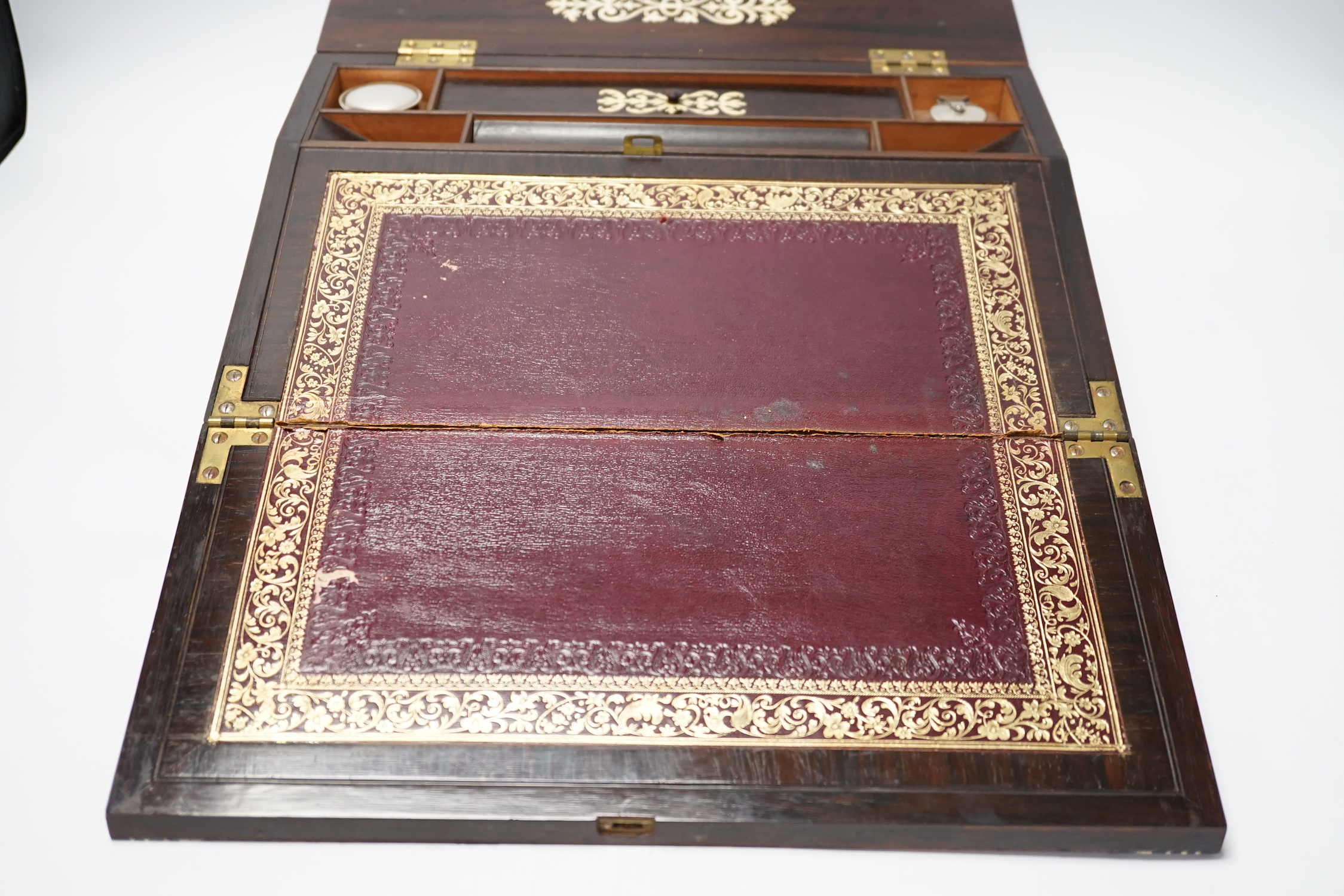 An early Victorian fret cut ivory inlaid rosewood writing slope with tooled leather slope, 35cm wide - Image 2 of 6