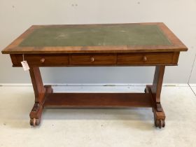 A Victorian rectangular mahogany two drawer writing table, with leather inset top, width 116cm,