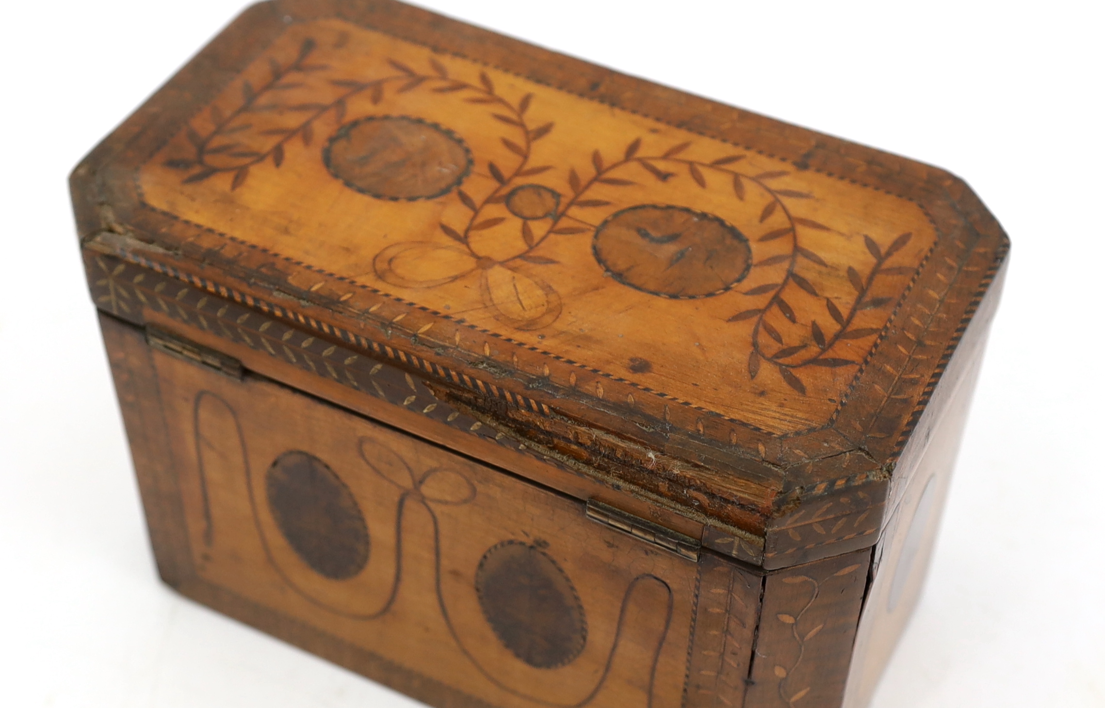 A George III Sheraton period marquetry inlaid sycamore tea caddy of octagonal form with foliate swag - Image 5 of 5