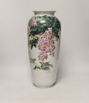 A boxed Chinese famille rose vase with wisteria decoration on hardwood stand, vase 43cm