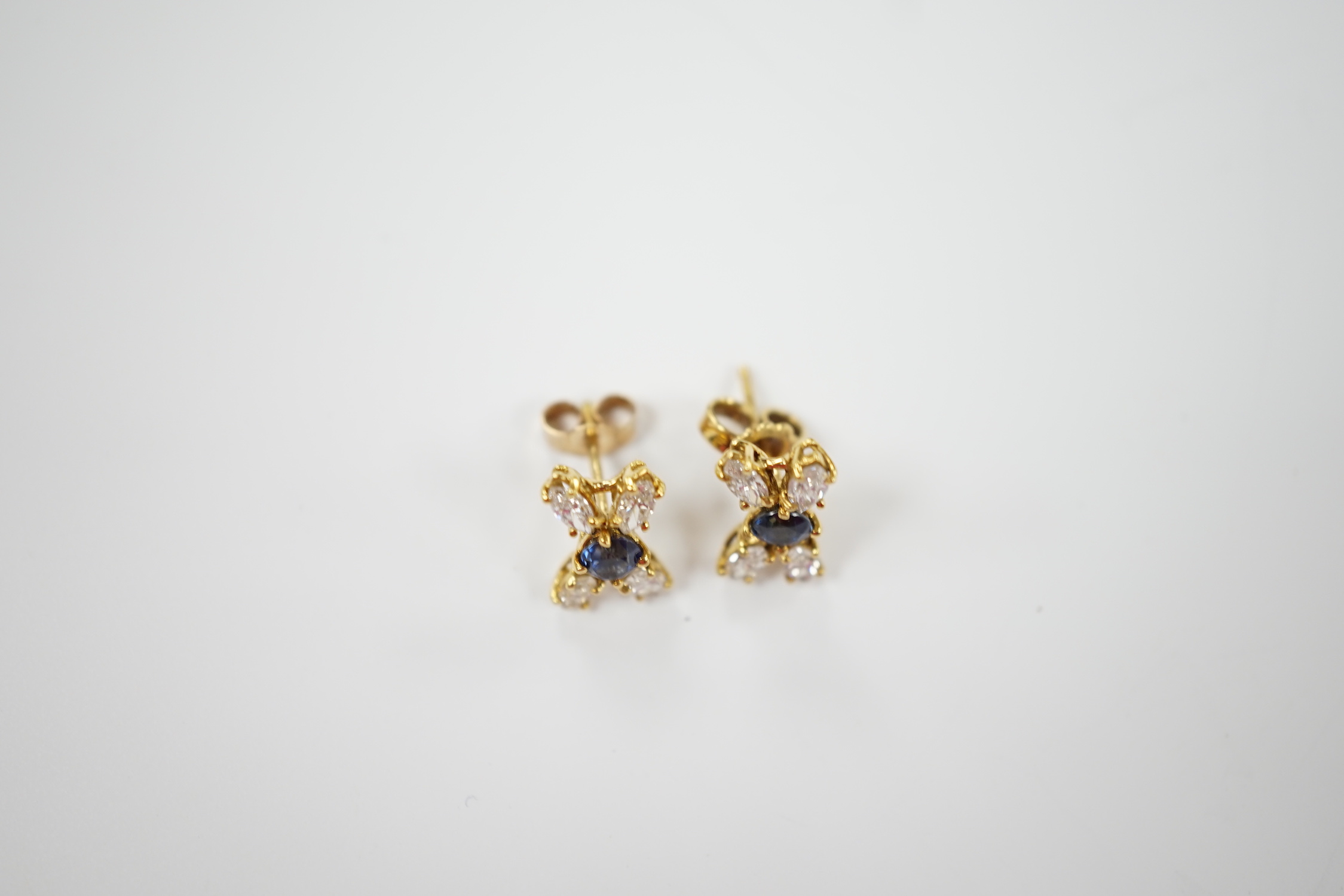 A modern pair of 18ct gold, sapphire and diamond cluster set 'X' ear studs, 12mm, gross weight 2.2 - Image 3 of 3