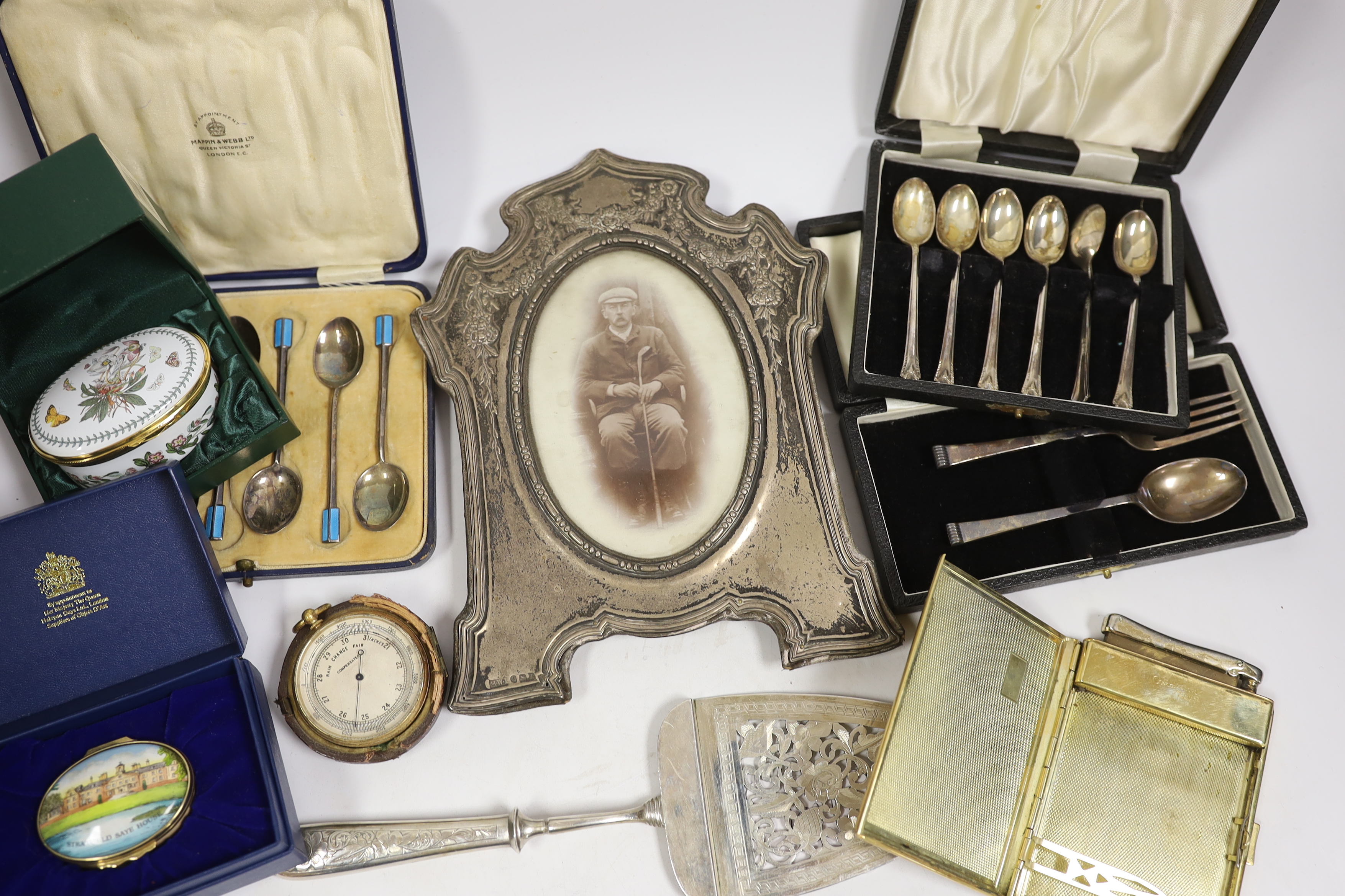 Miscellaneous items including three cased sets of silver flatware including enamelled teaspoons, - Image 4 of 4