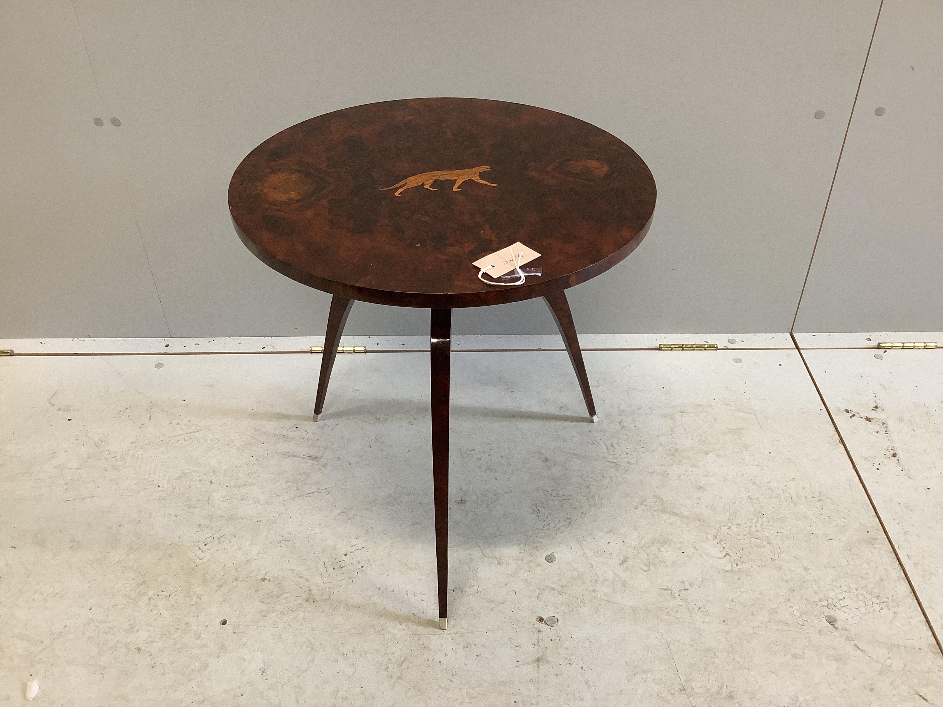 An inlaid burr walnut circular occasional table in the manner of Rhullman, diameter 52cm, height