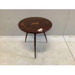 An inlaid burr walnut circular occasional table in the manner of Rhullman, diameter 52cm, height