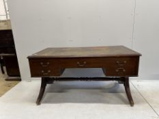 A Victorian mahogany kneehole writing table, width 148cm, depth 80cm, height 77cm