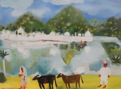 Christopher Corr (Contemporary), watercolour, Indian floating palace, signed, 30 x 40cm