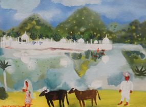 Christopher Corr (Contemporary), watercolour, Indian floating palace, signed, 30 x 40cm