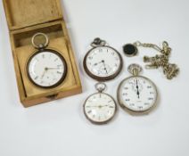 A Victorian silver open faced pocket watch, a silver fob watch, one other base metal pocket watch