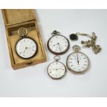 A Victorian silver open faced pocket watch, a silver fob watch, one other base metal pocket watch