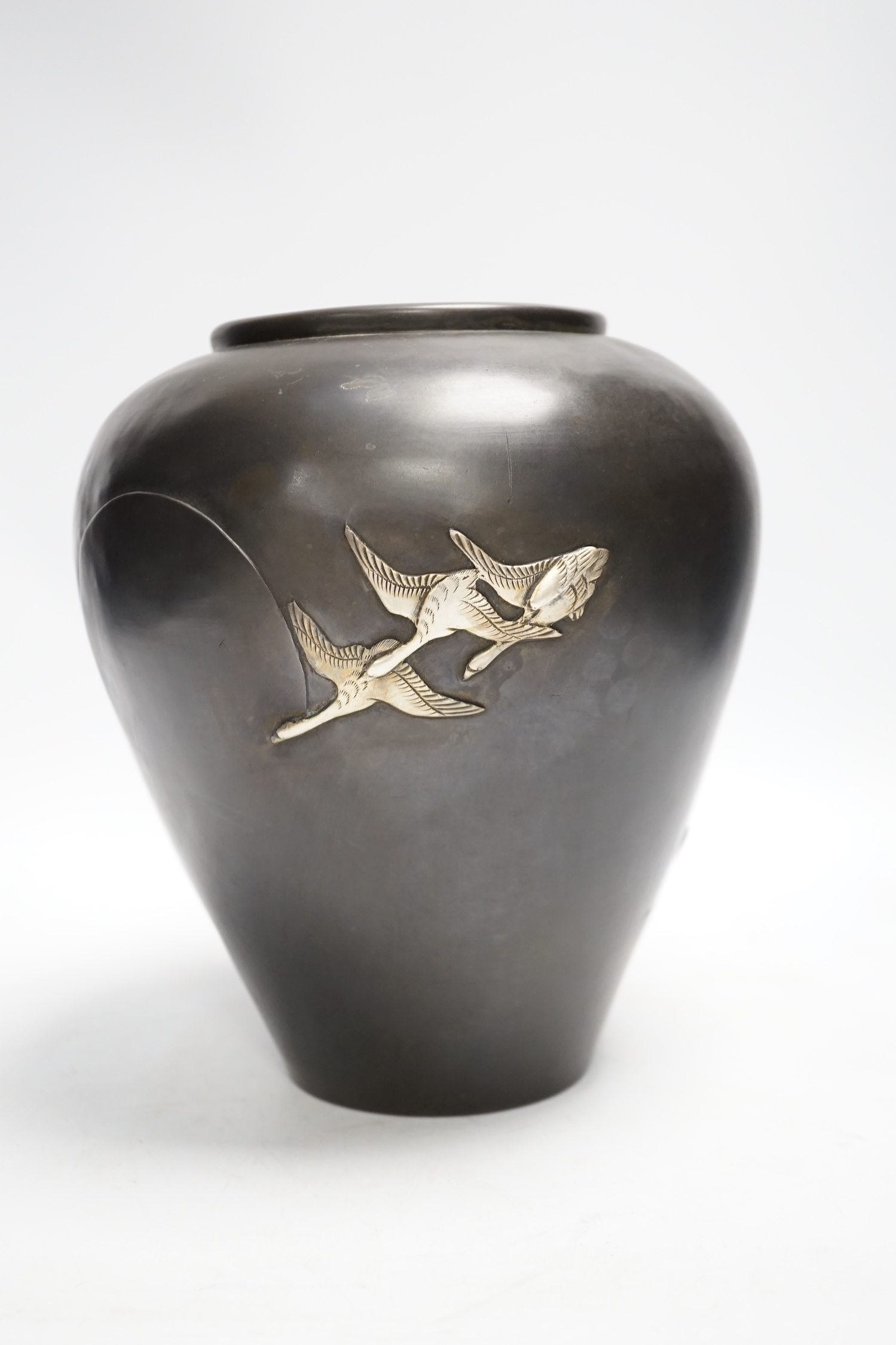 A Japanese white metal overlaid bronze vase, Meiji period, 21cm - Image 3 of 5