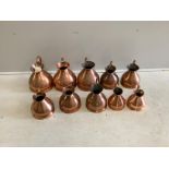 Ten 19th / early 20th century copper haystack measures, one gallon to a quart, largest height 27cm