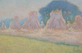 Ernest Faut (1879-1961) Impressionist pastel, Rural landscape with hayricks, signed, inscribed in