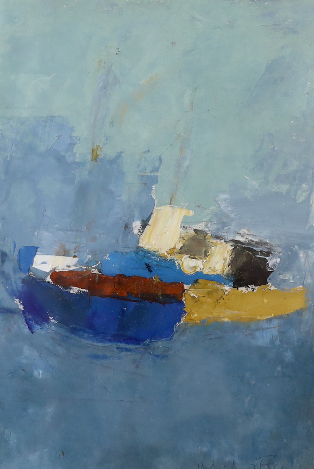 Morris Nitsun (b.1943) oil on paper, abstract composition with boats, signed, details verso, 21 x