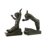 Claude (Claude-Marie Devenet 1851-1931), a pair of French Art Deco bronze bookends, Marcel