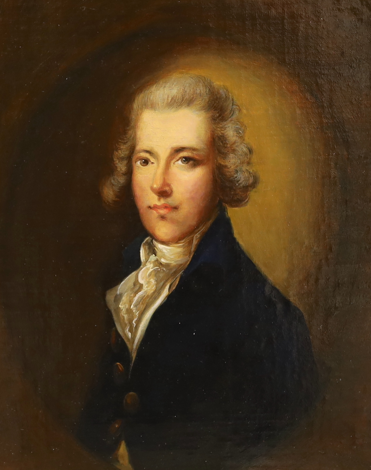 An 18th century / 19th century oil, portrait of a gentleman wearing a frock coat, in feigned oval,