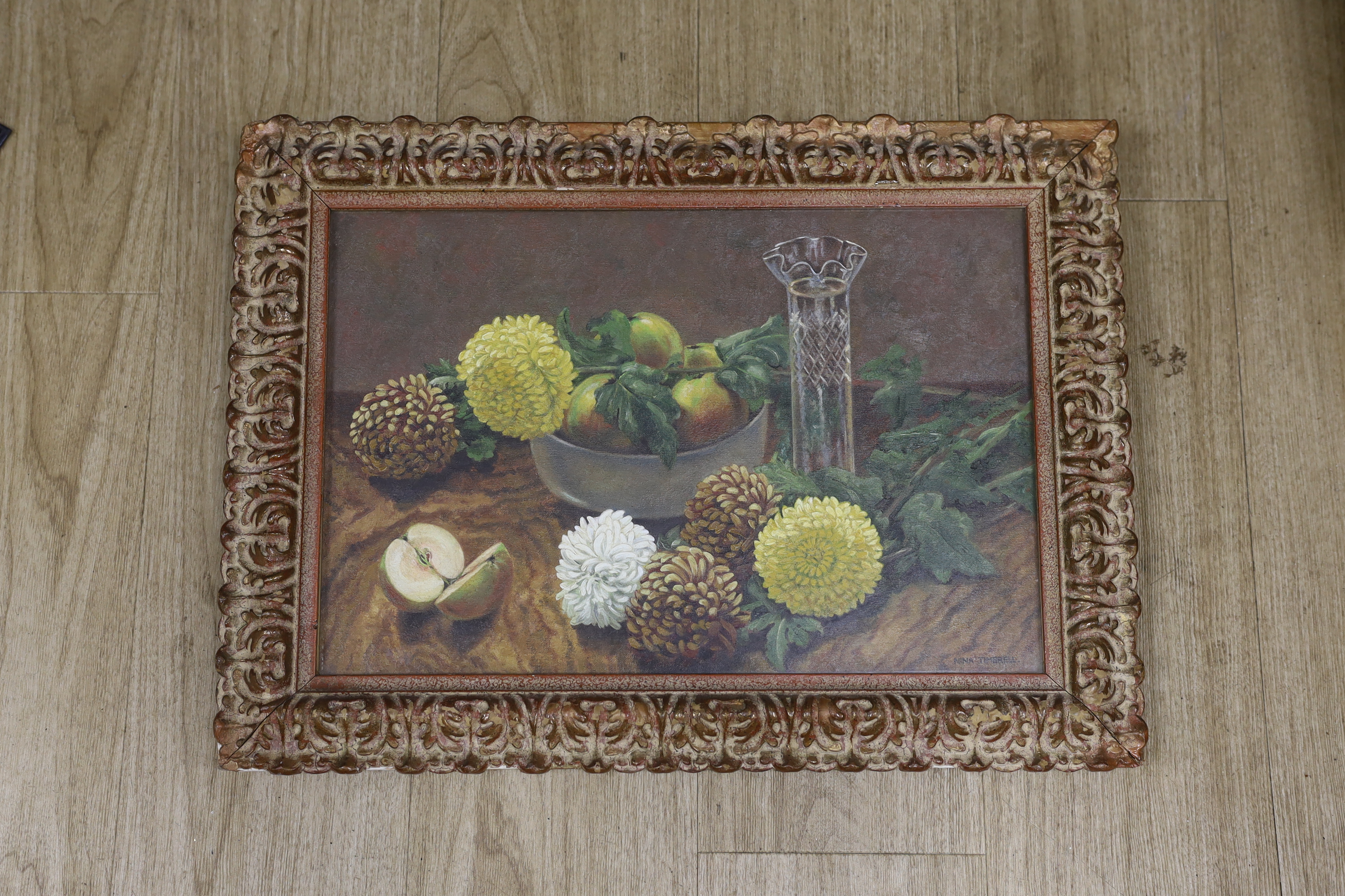 Nina Timbrell (20th. C) oil on canvas, Still life fruit and flowers, signed, 30 x 45cm - Image 2 of 3