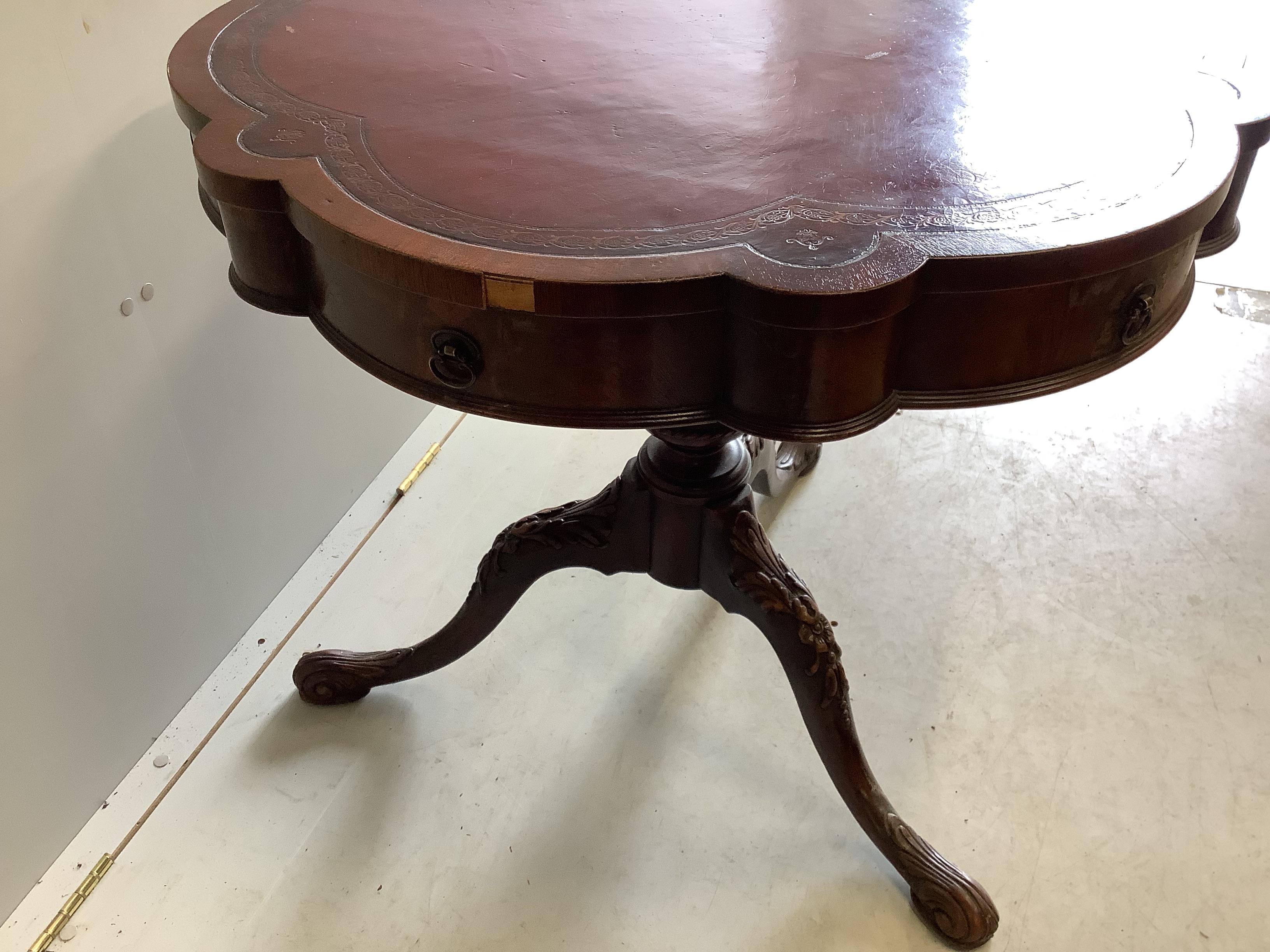 A Victorian style circular mahogany tripod centre table, with leather inset top, diameter 79cm, - Image 2 of 2