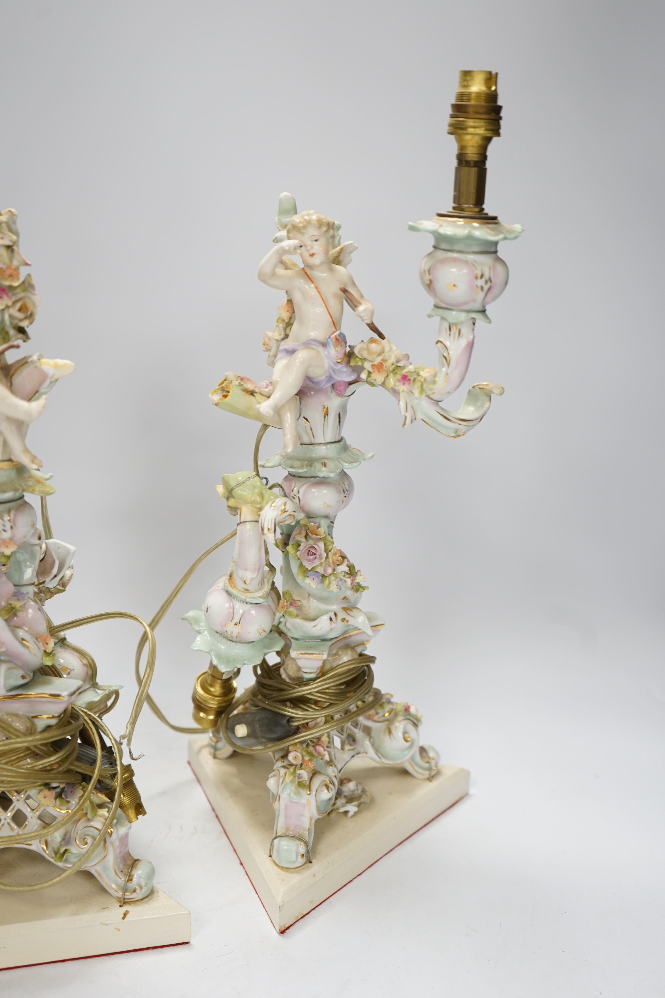 A pair of Sitzendorf floral encrusted porcelain table lamps, 42cm total - Image 3 of 5