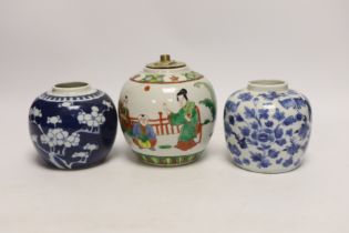 Three Chinese ginger jars, including a blue and white prunus example, Late 19th/early 20th