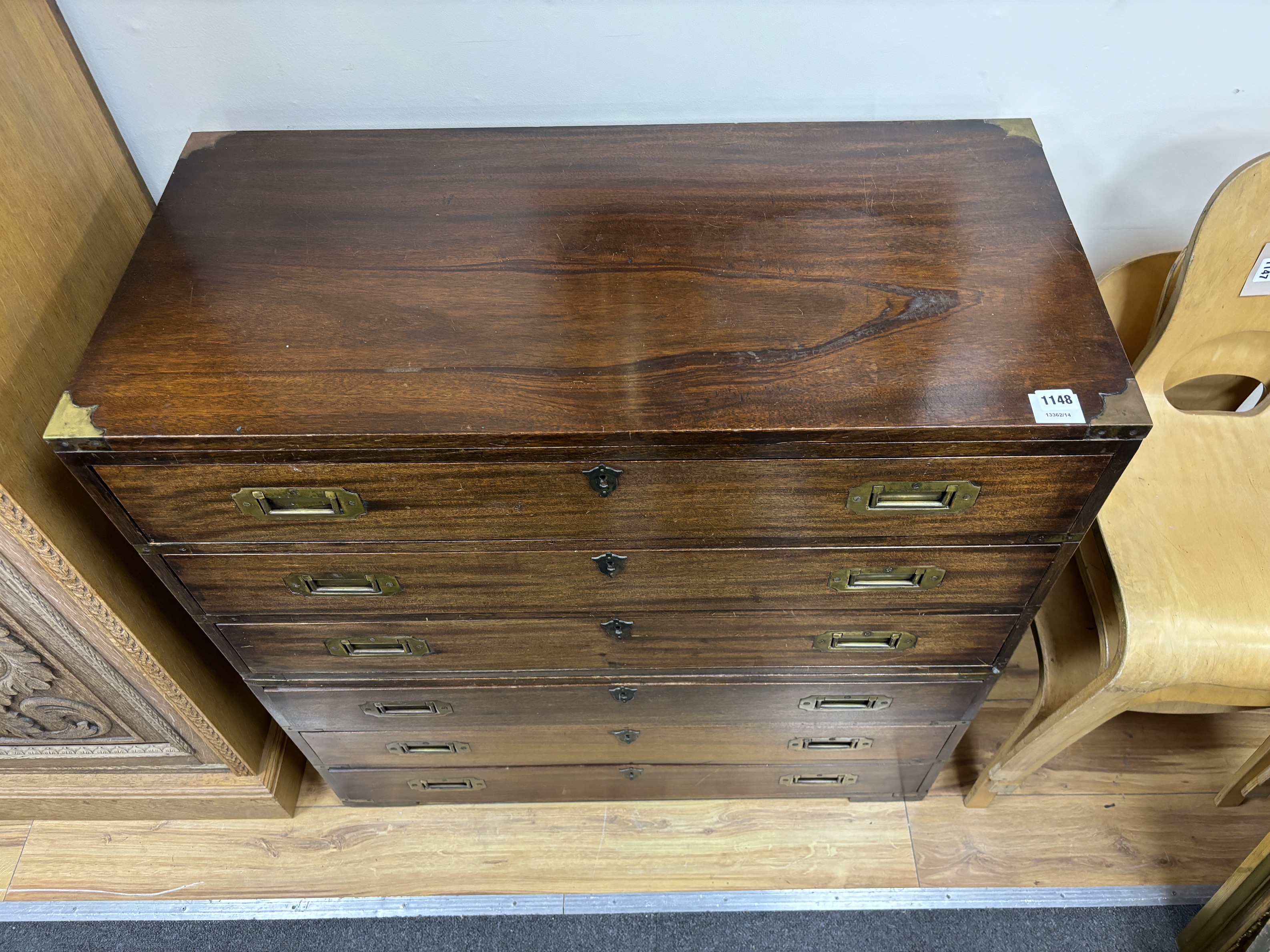 A brass mounted military style mahogany six drawer two part chest, width 91cm, depth 43cm, height - Image 2 of 2