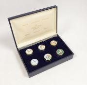 A cased set of six Elizabeth II St James's House Collection silver and enamel wild bird pill