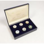 A cased set of six Elizabeth II St James's House Collection silver and enamel wild bird pill