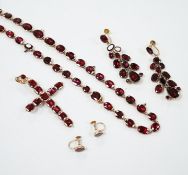 Six items of Victorian oval cut garnet set jewellery, including a yellow metal necklace (lacking